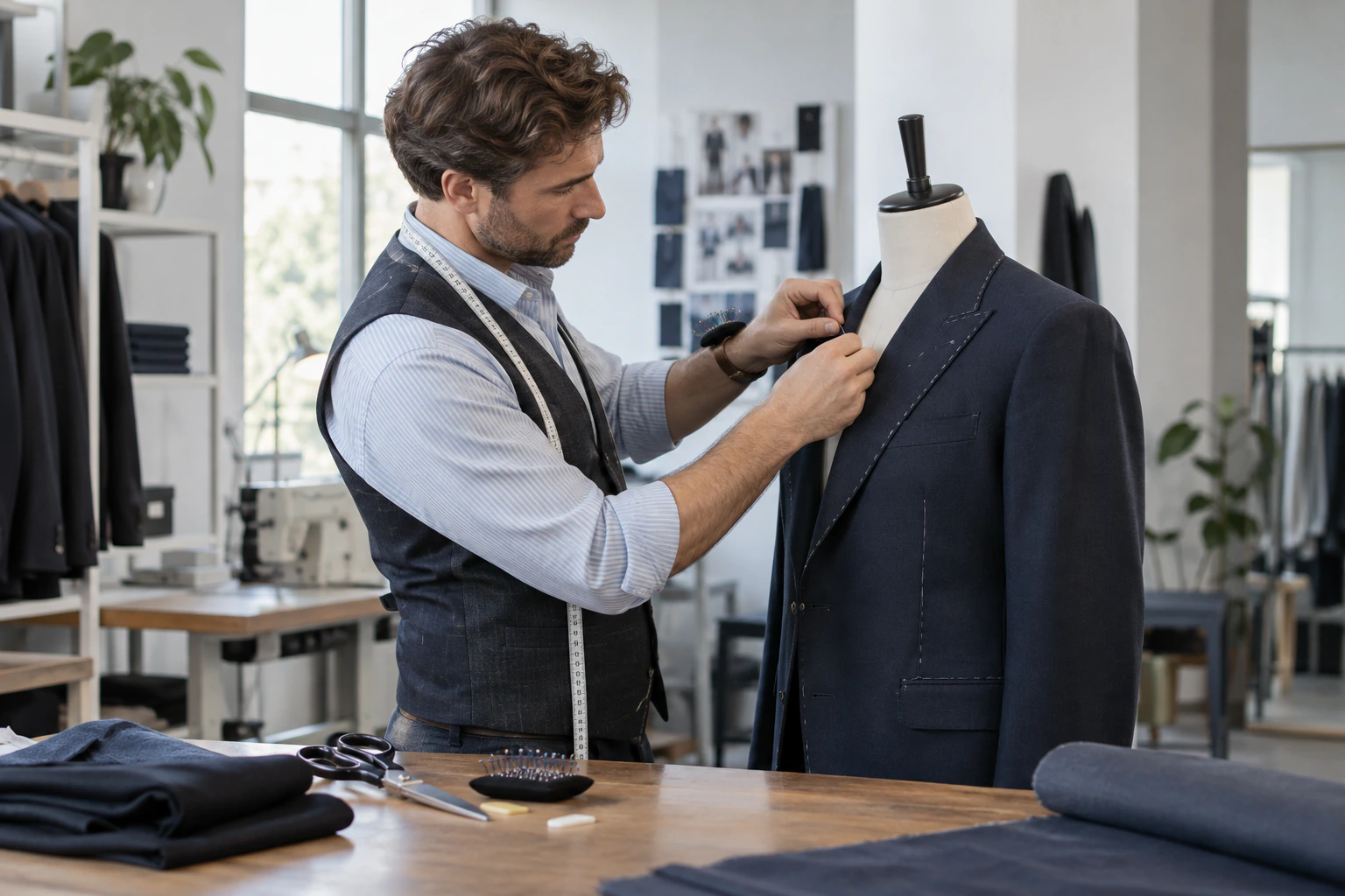 Tailor adjusting a navy suit jacket on a dress form