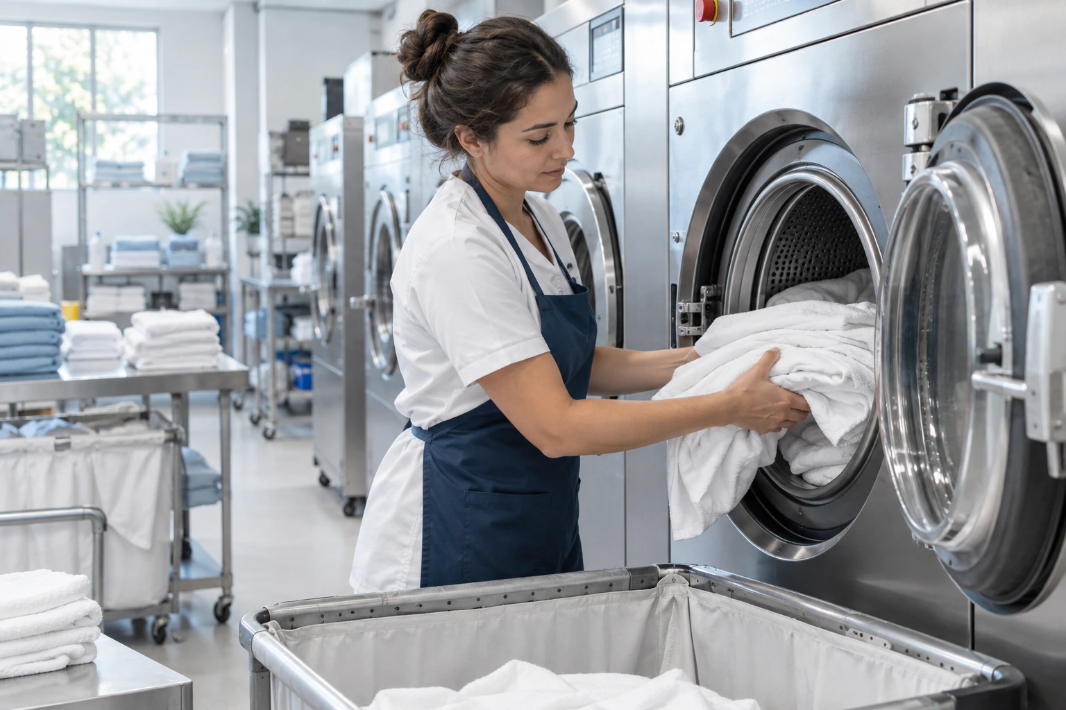 Laundry worker loading white linens into an industrial machine