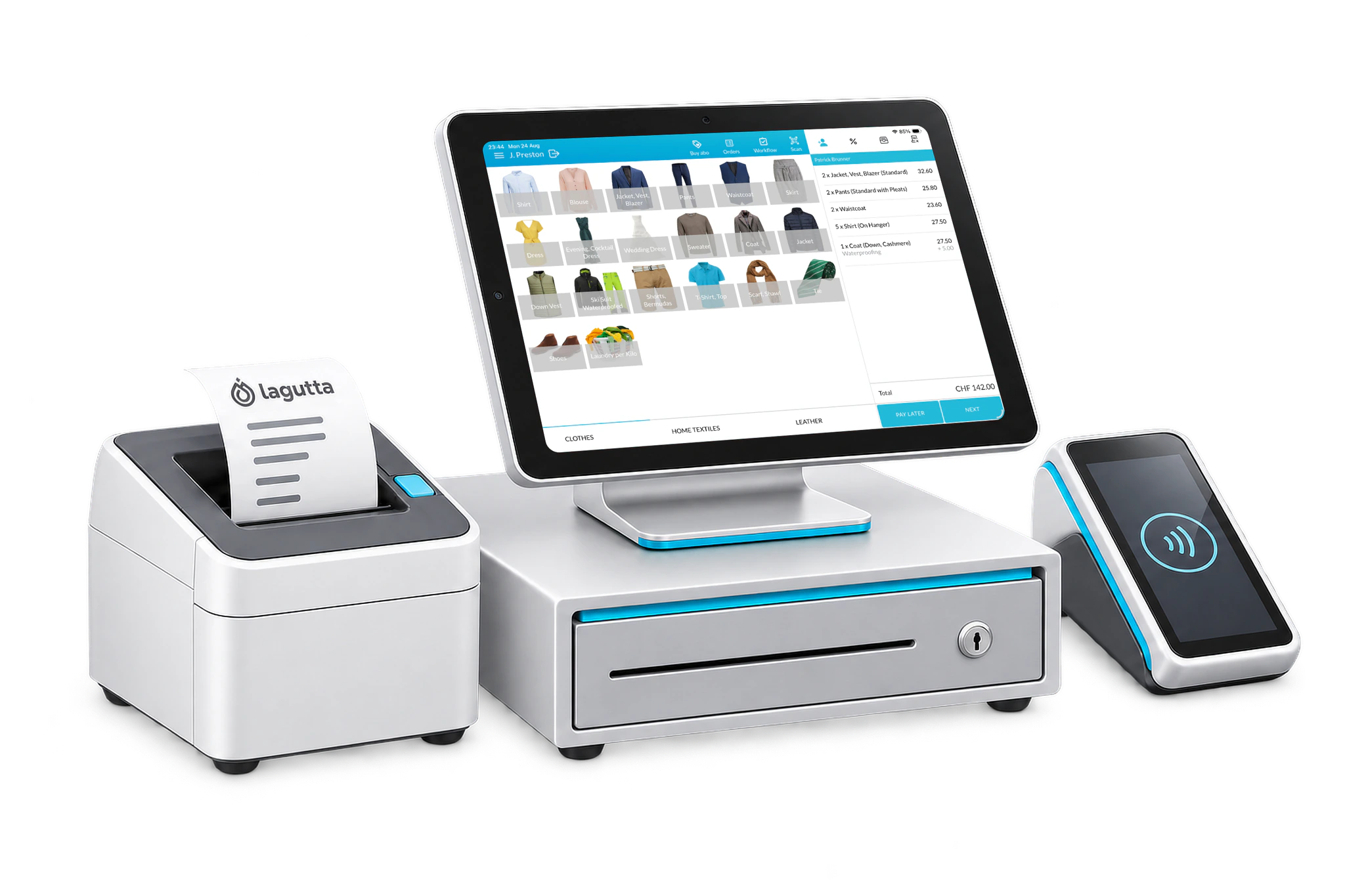 Lagutta point of sale on an iPad with receipt printer and cash drawer