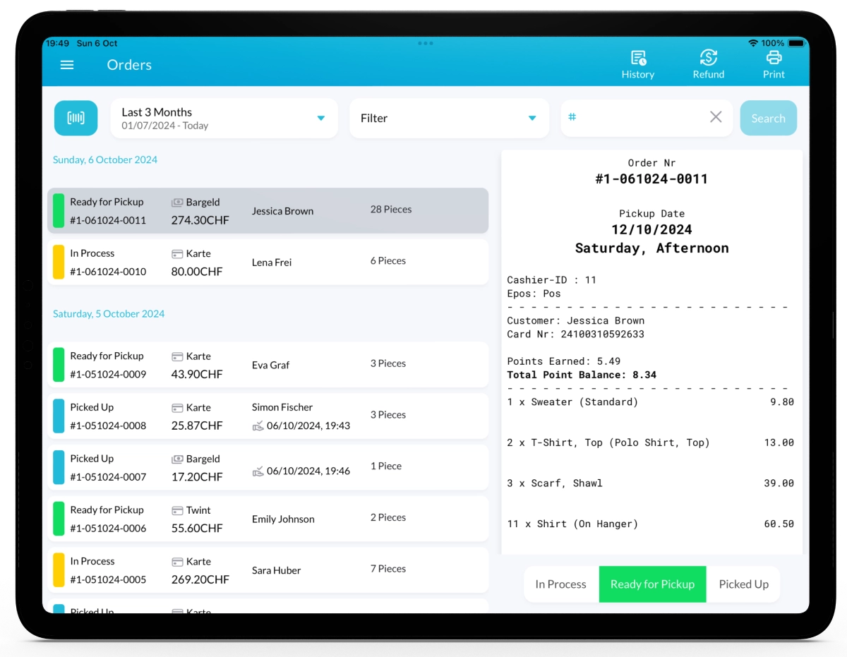 Order overview on Lagutta POS for dry cleaning and laundry businesses, displayed on a tablet.